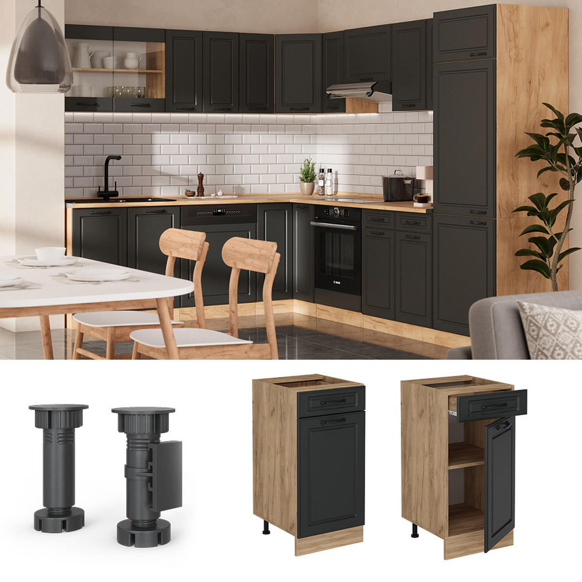 KÜCHENUNTERSCHRANK R-Line Anthrazit Landhaus 40 cm , AP Eiche - Honigeiche/Anthrazit, Holzwerkstoff (40/81.6/60cm) - Vicco