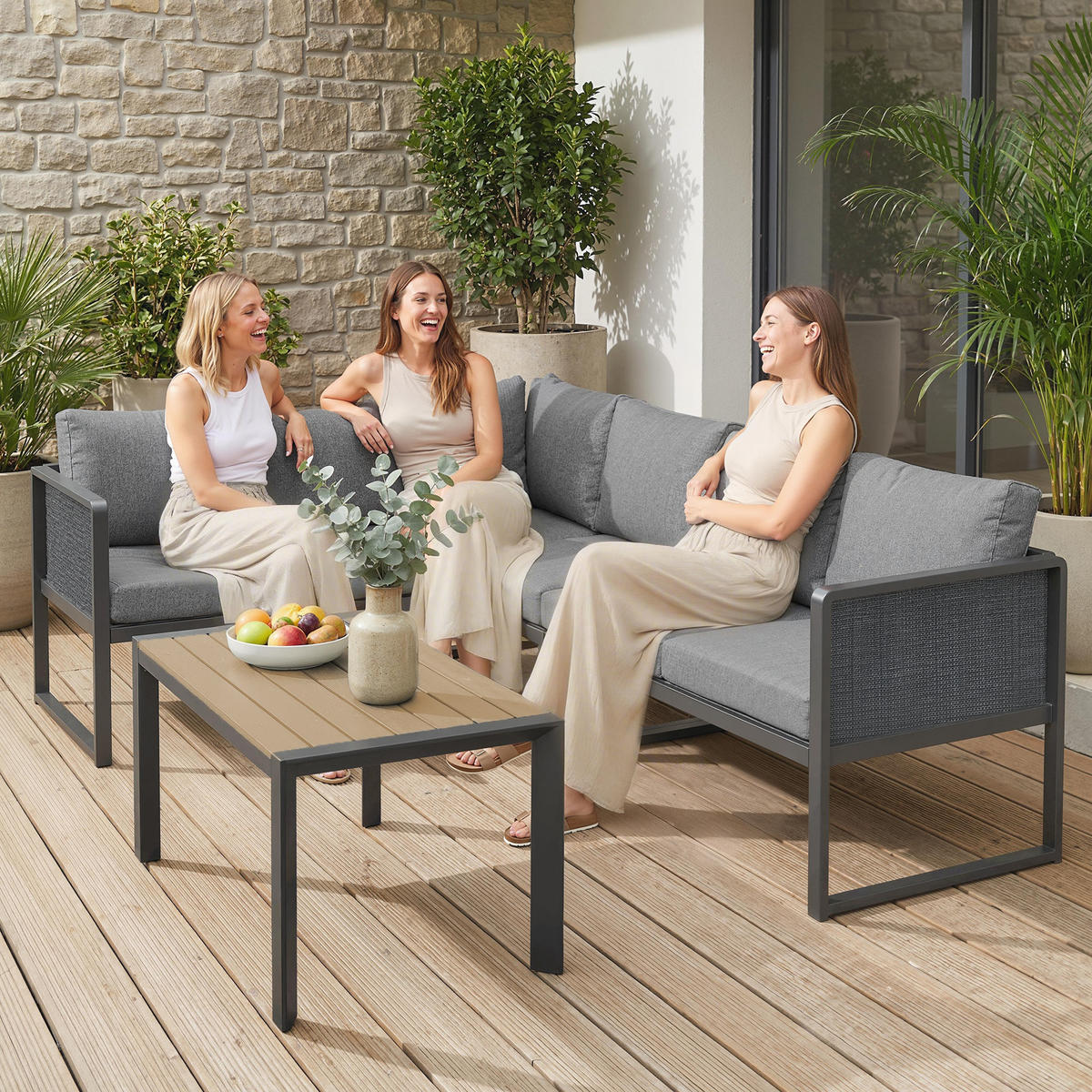 GARTENMÖBELSET DE-13529 6-sitzig mit 3 Sofas & Tisch Dunkelgrau - Hellgrau, Metall - ComfortXL