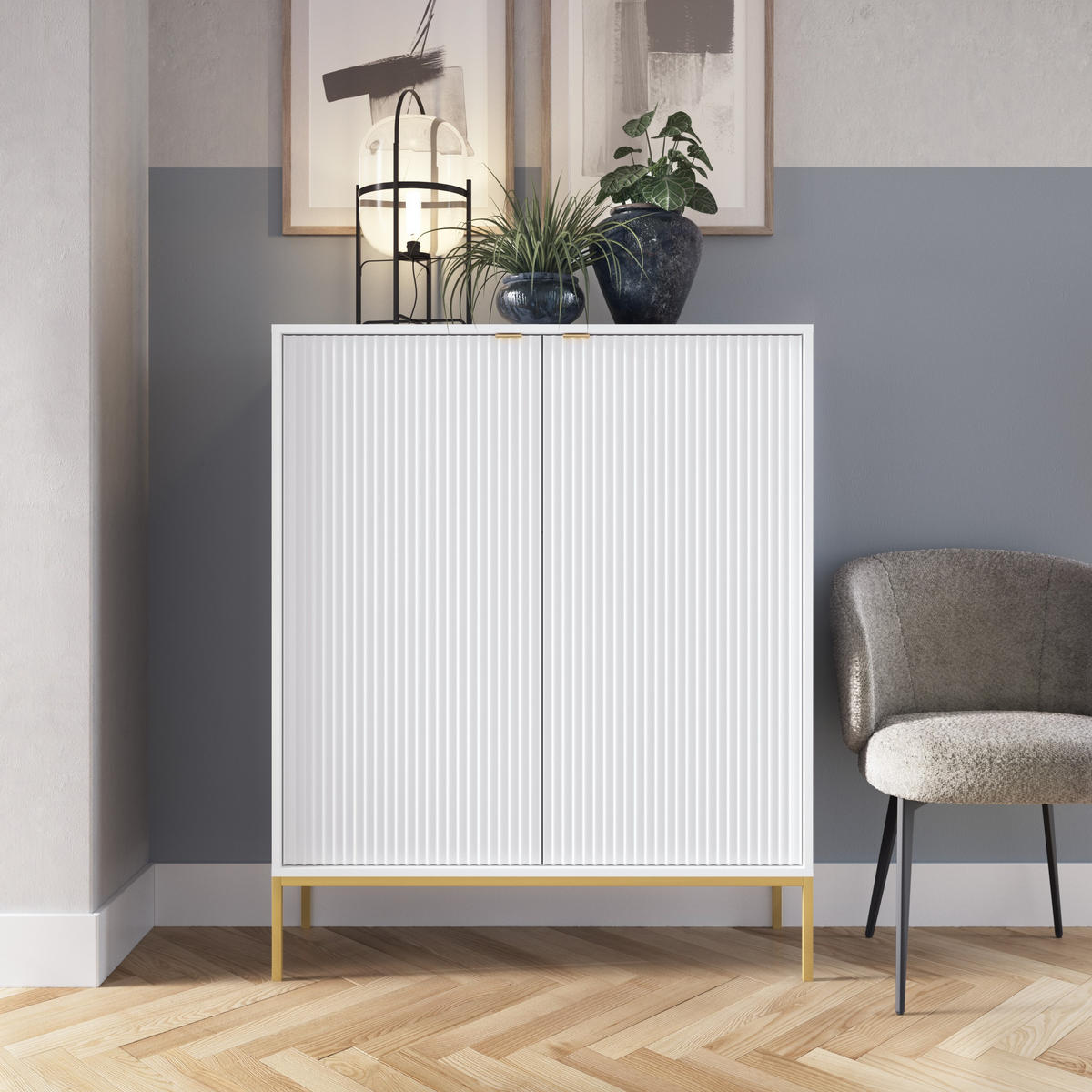 WEISSE Moderne Geriffelte Hochkommode KIOTO KW2D (Gold Gestell, Soft-Close Türen) - Goldfarben/Weiß, Holz/Holzwerkstoff (104/125/39cm) - Ravio