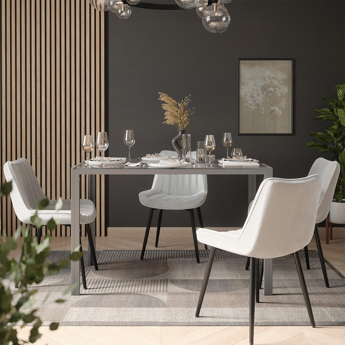 JÍDELNÍ STŮL SESTAVA Grand, Šedá, 120 x 70 cm se 4 židlemi (béžové) - šedá, sklo (120/74.5/70cm) - Vicco