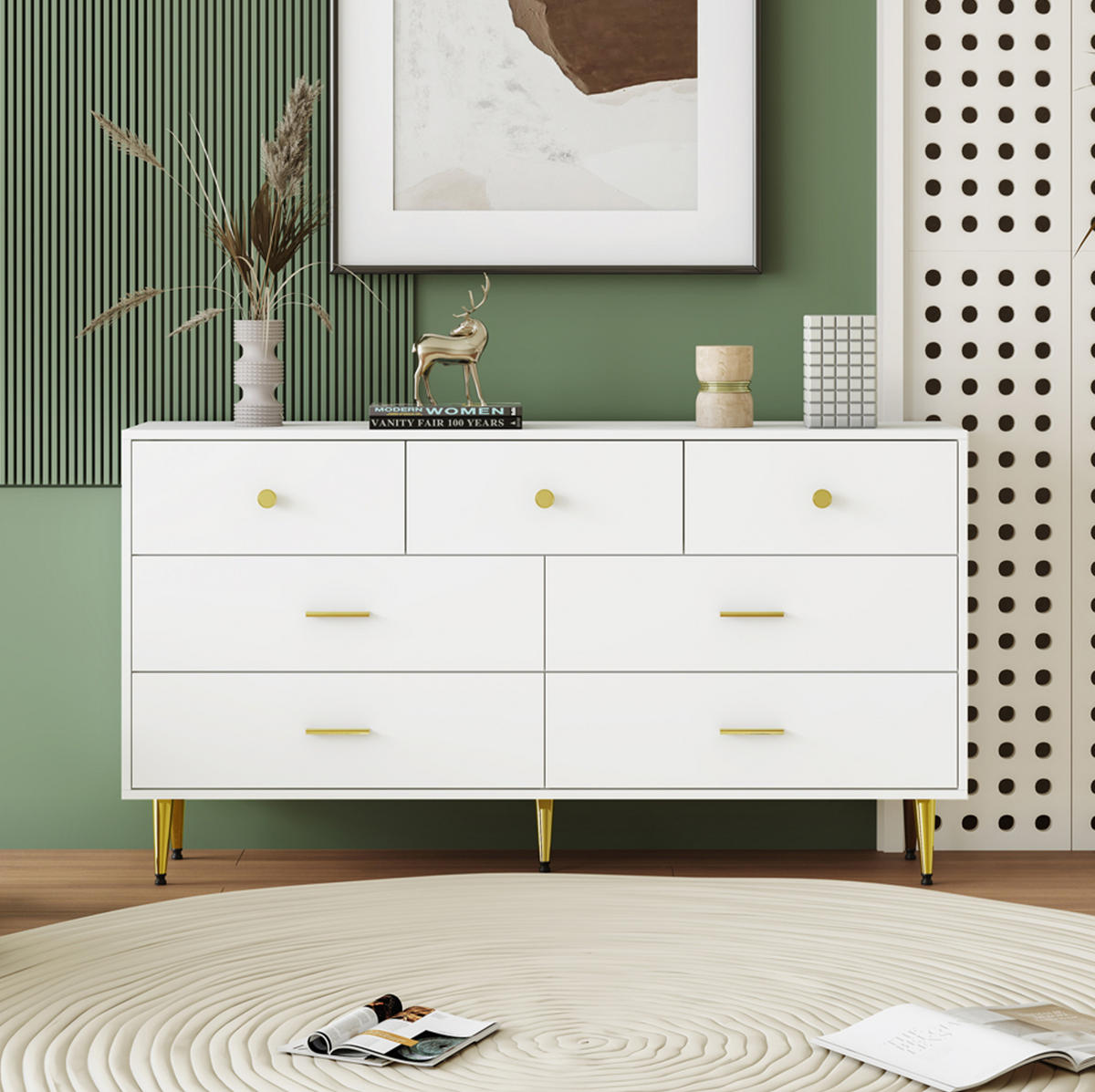 SIDEBOARD aus Spanplatte 140x35x76 cm Weiß mit 7 Schubladen, goldfarbenen Griffen und Metallbeinen - Weiß, Holzwerkstoff (140/76/35cm) - Modfu