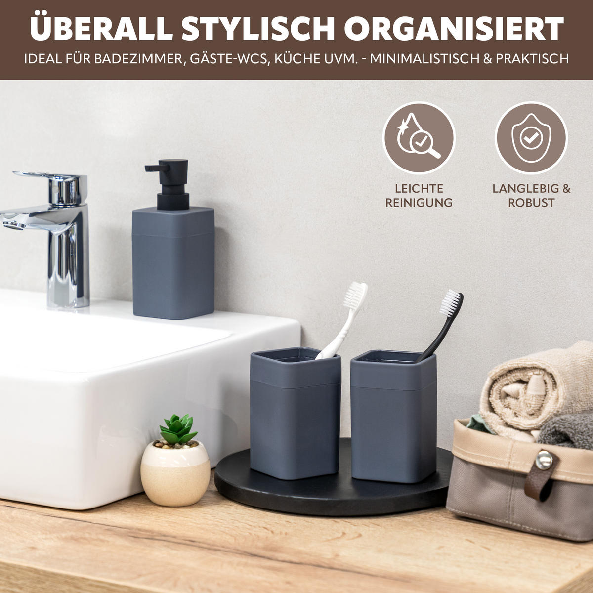 BADEZIMMER-SET SAVONA, Soft-Touch, grau, eckig - Grau, Kunststoff (7/16/9cm) - bremermann