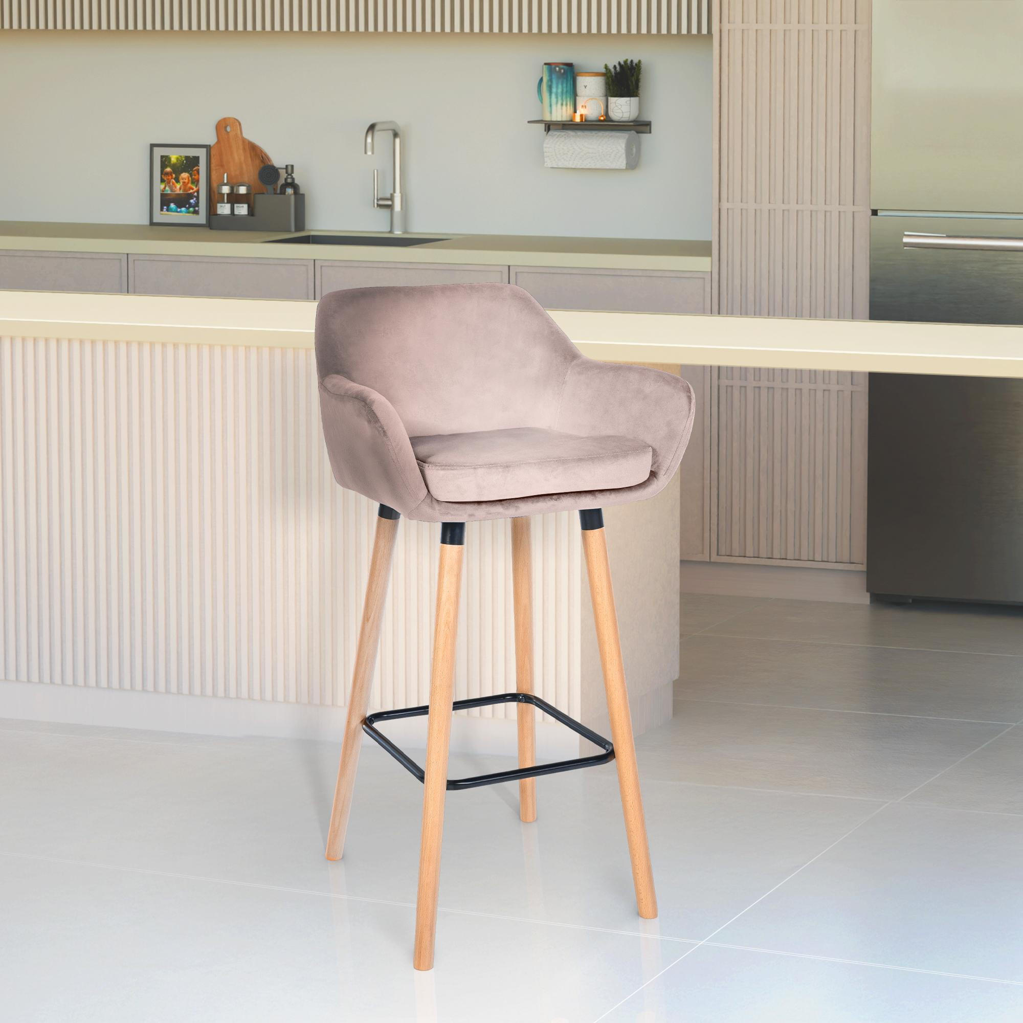 BARHOCKER Samt hellgrau - Eukalyptusholzfarben/Hellgrau, Holz/Textil (51/101/50cm) - CLP