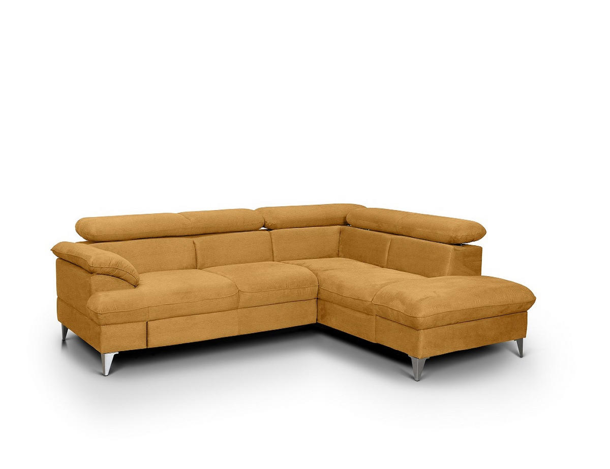 ECKSOFA mit Schlaffunktion und Bettkasten, verstellbare Kopfstützen - Chromfarben/Gelb, Textil/Metall (208/256cm) - Cotta