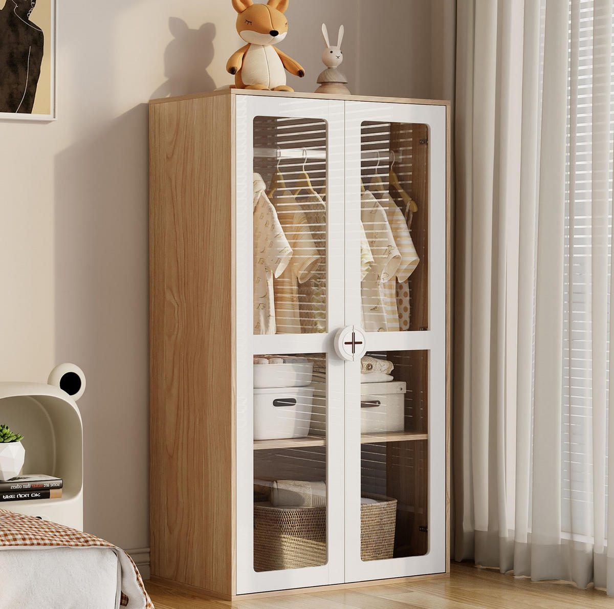 KLEIDERSCHRANK-SET 80/50/150 cm in Weiß/Natur mit 4 Schubladen und Acryltüren - Naturfarben, Holzwerkstoff (160/150/50cm) - BEAOK