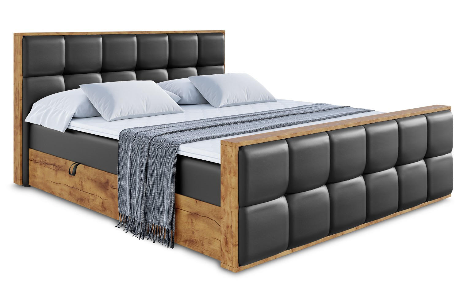 BOXBETT mit Matratze H4 und Lattenrost - LOLLI7-Z - 200x200 - Schwarz Kunstleder - Schwarz, Holzwerkstoff (200/200cm) - ALTDECOR