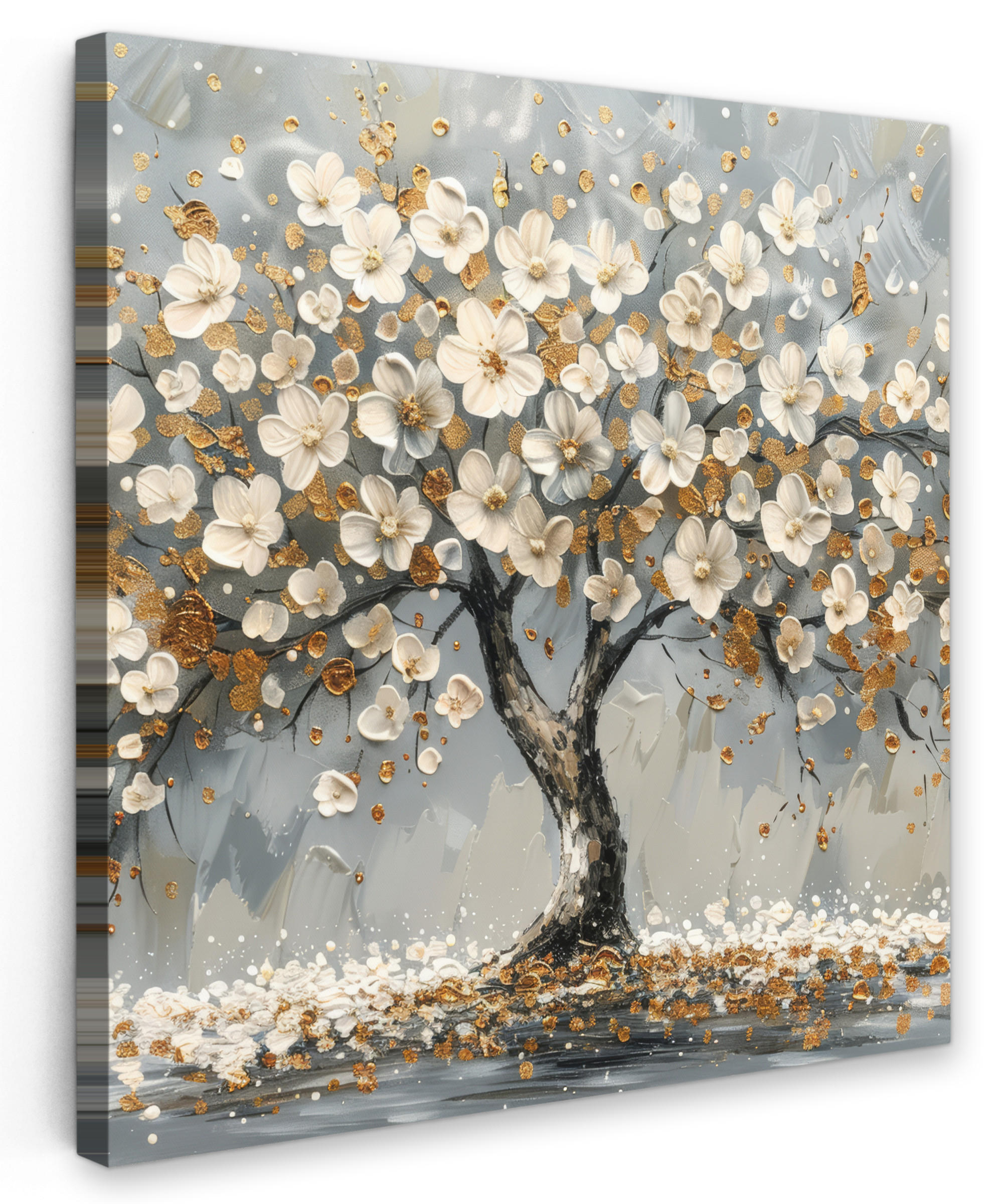 LEINWANDBILD Baum - Blumen - Weiß - Natur - Kunst 90x90 cm - Weiß, Textil (90/90cm) - MuchoWow