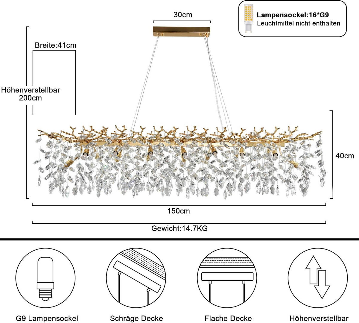 KRONLEUCHTER Rechteck 150 cm K9‑Kristall Baumzweig Gold für Esszimmer und Kücheninsel - Gelb, Naturmaterialien (114/31/29cm) - Surtime