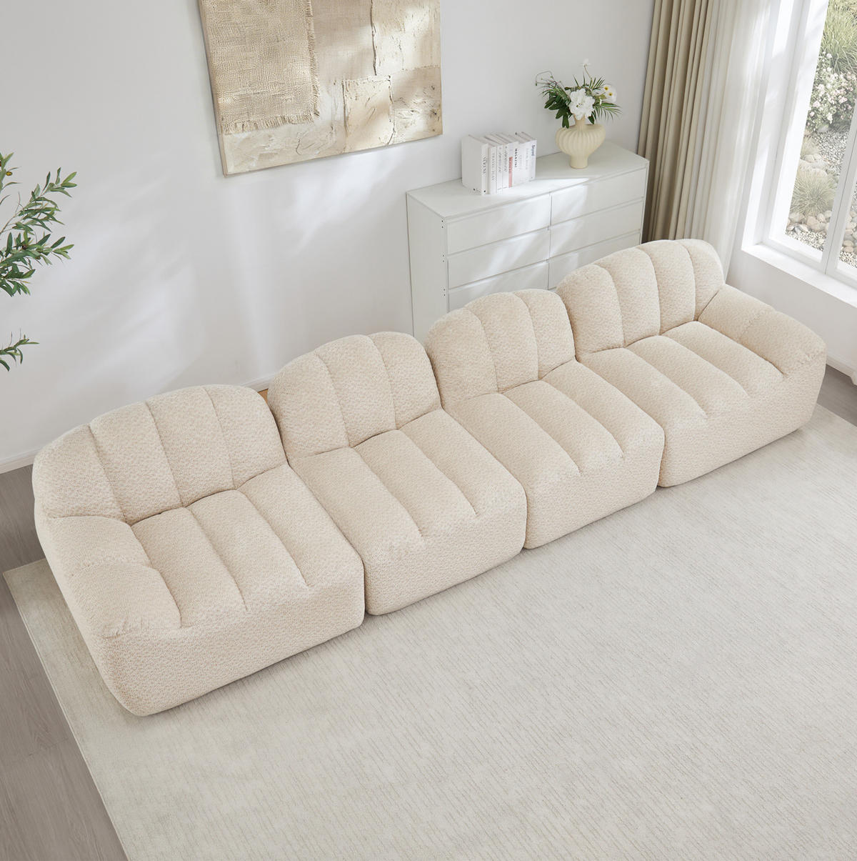 MODULARES 4-Sitzer-Sofa aus granuliertem Fleece mit ergonomischer Muschelform Beige-Weiß - Beige, Textil (104/79/366cm) - Modenvie