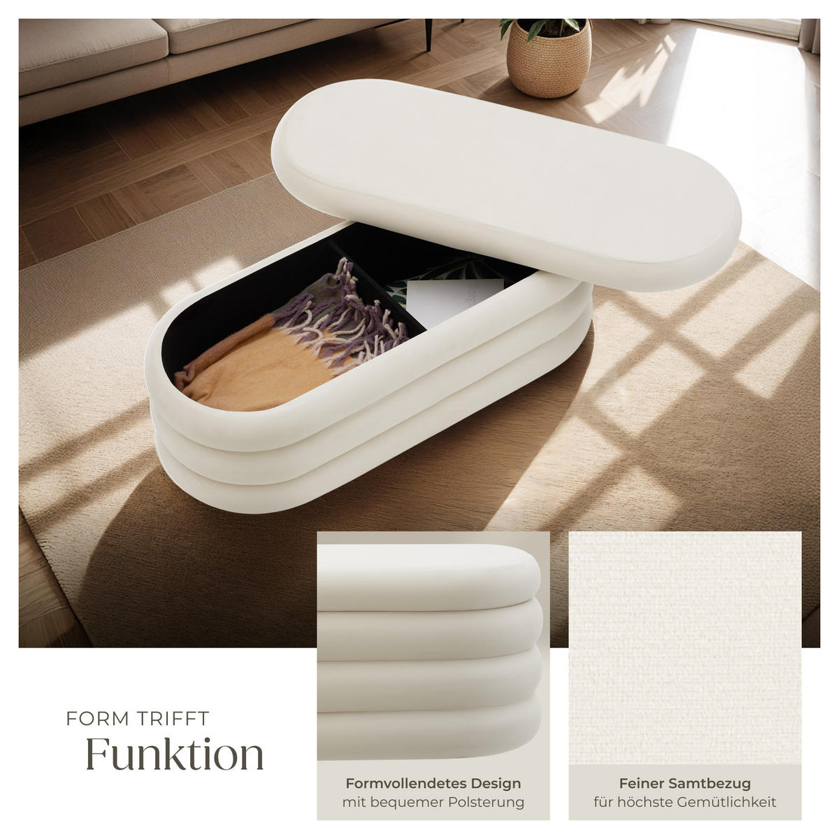 POLSTERBANK Altu,110 x 45 x 42 cm,Samtoptik creme-weiß - Weiß/Samtahornfarben, Holz (110/42/45cm) - tectake