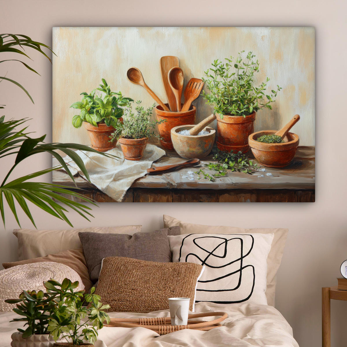 LEINWANDBILD Töpfe - Kräuter - Holz Groß 140x90 cm - Terracotta, Textil (140/90cm) - MuchoWow