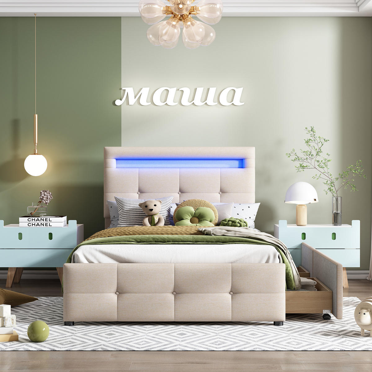 POLSTERBETT 90/200 cm beige aus Holz mit LED und 2 Schubladen - Beige, Holzwerkstoff (90/200cm) - OKWISH