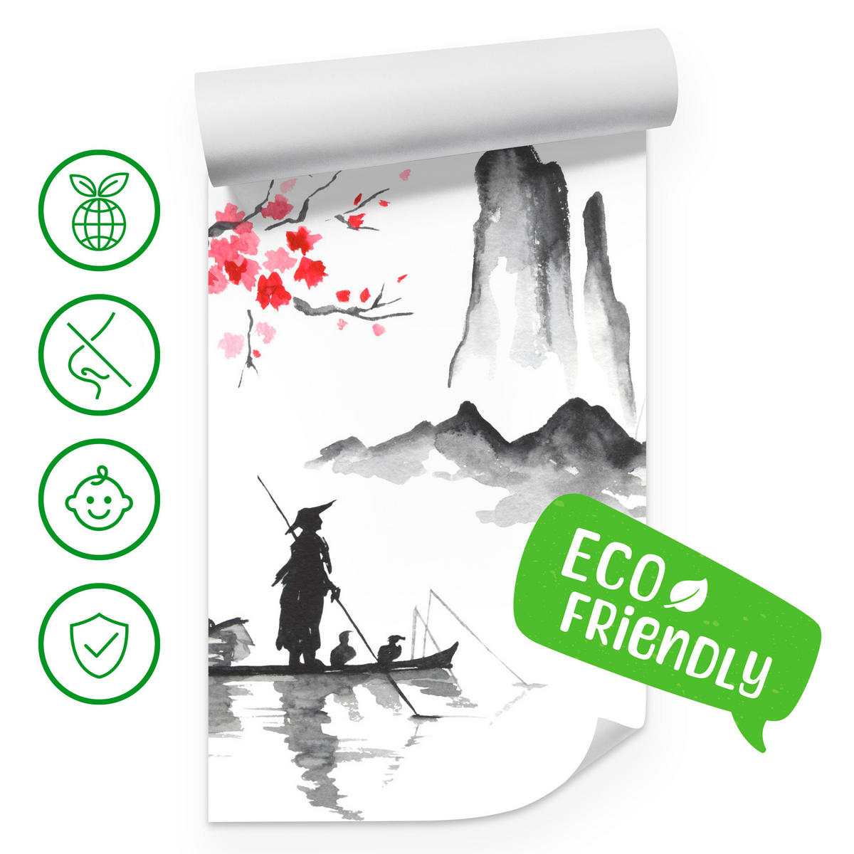 FOTOTAPETE Japanische Landschaft Aquarell 150x105 - Rot/Schwarz, Papier (150/105cm) - Muralo