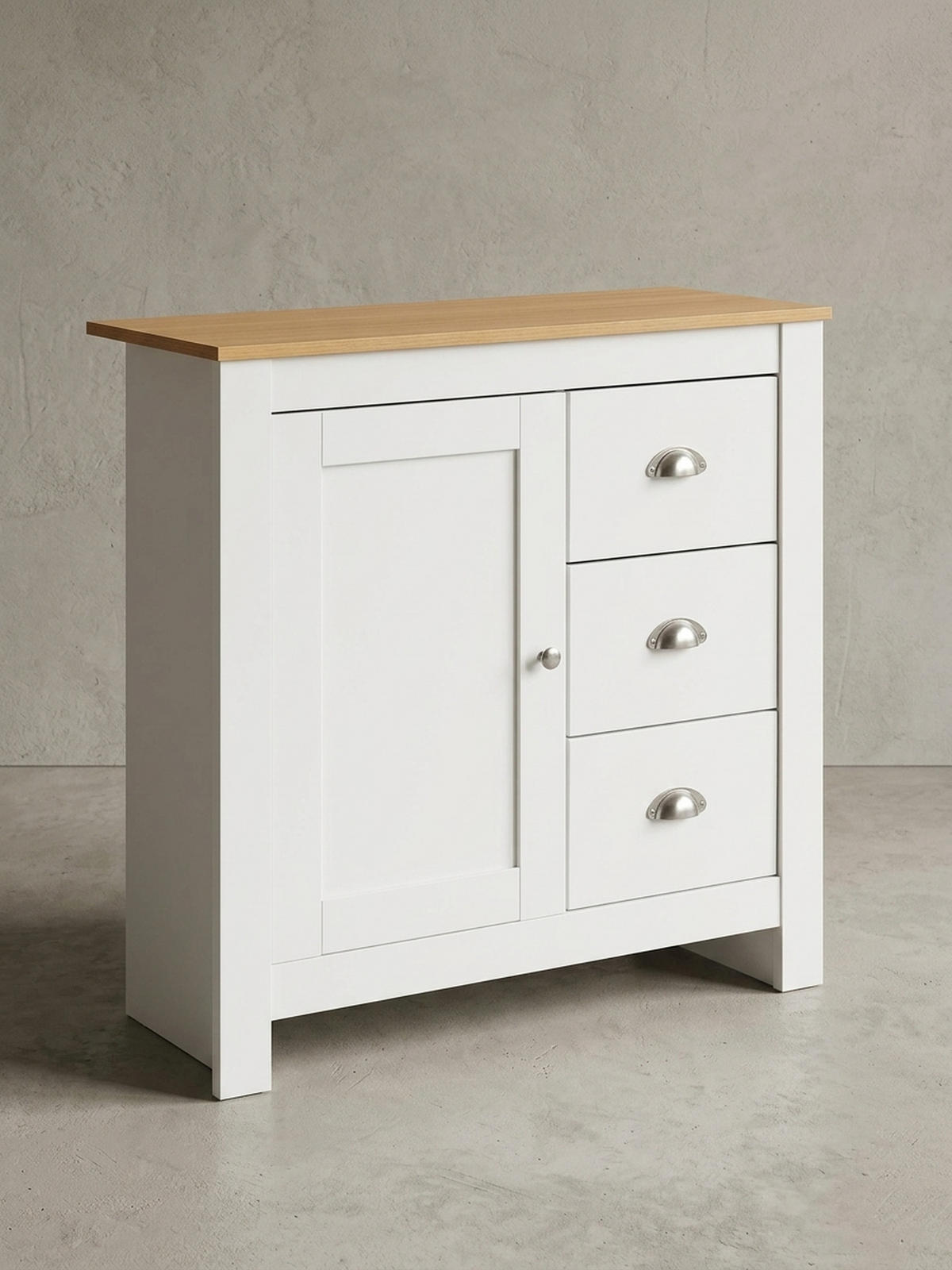 KOMMODE – Eiche-Finish, 3 Schubladen, 2 Türfächer - Weiß, Holz/Metall (79/81/35cm) - KADIMA DESIGN