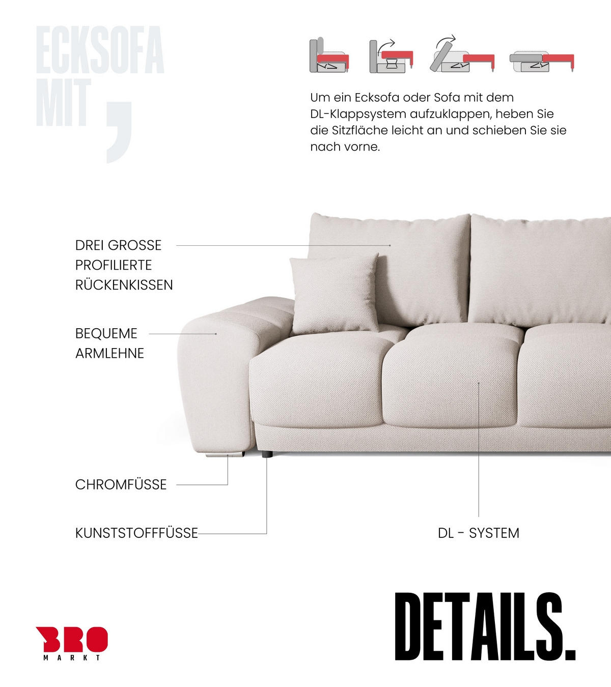 ECKSOFA Nubes mit Schlaffunktion Ecru - Ecru/Silberfarben, Kunststoff/Textil (290/180cm) - Bromarkt