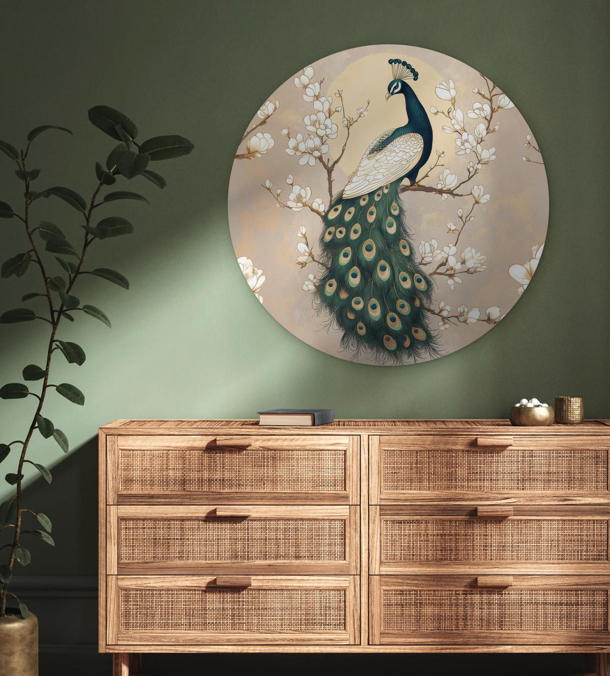 WANDBILD Pfau - Zweig - Blumen 90x90 cm - Champagner, Kunststoff (90/90cm) - MuchoWow