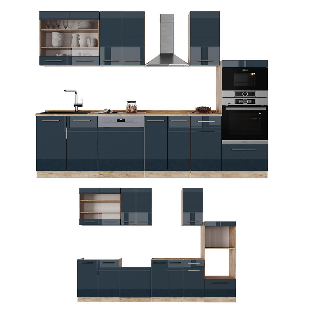 KÜCHENZEILE Fame-Line Dunkelblau Hochglanz/Goldkraft Eiche 300 cm ohne AP - Eiche Wotan/Dunkelblau, Holzwerkstoff (300/81.6/46cm) - Vicco