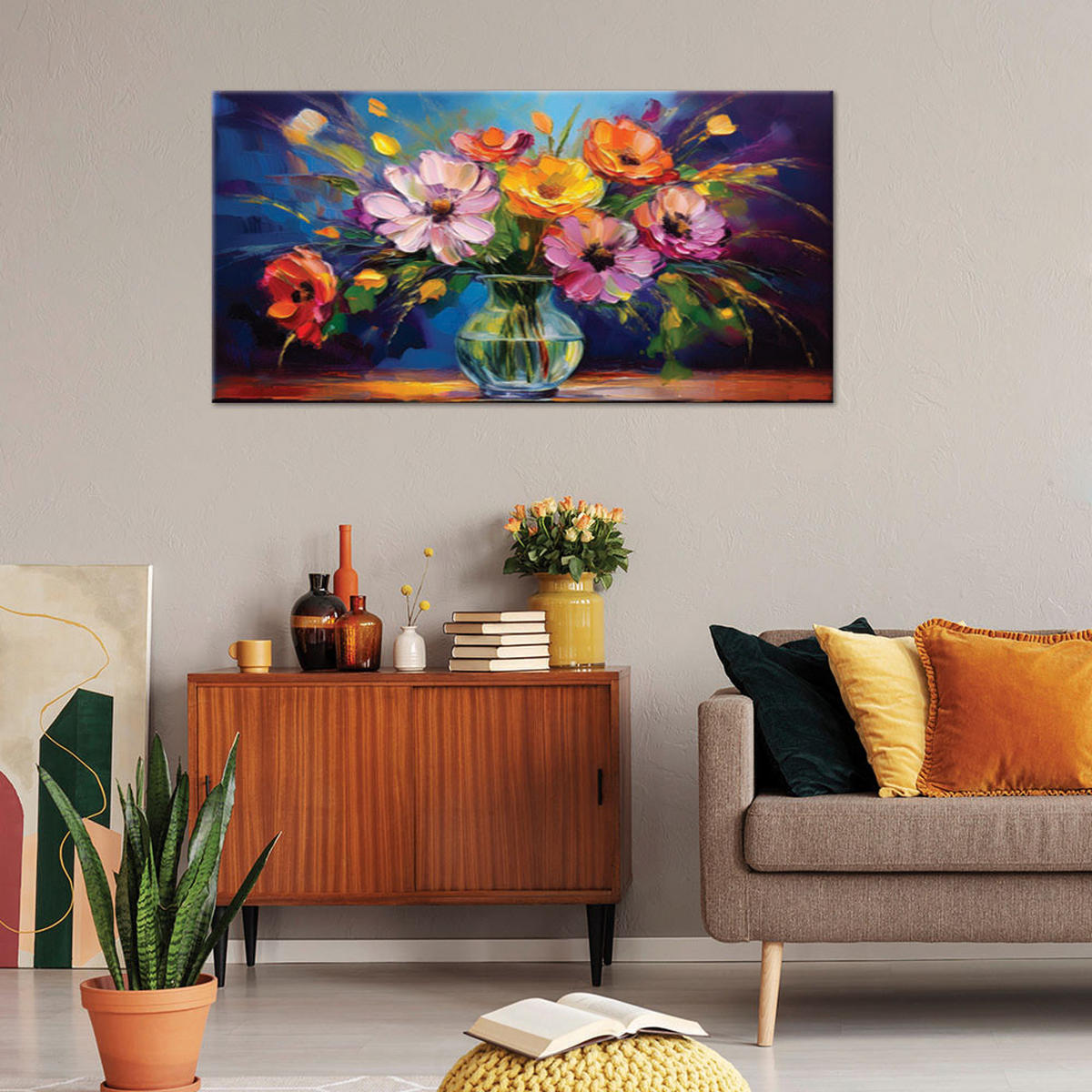 LEINWANDBILD Bunter Blumenstrauß in einer Vase 100x50cm - Multicolor, Textil (100/50cm) - Feeby