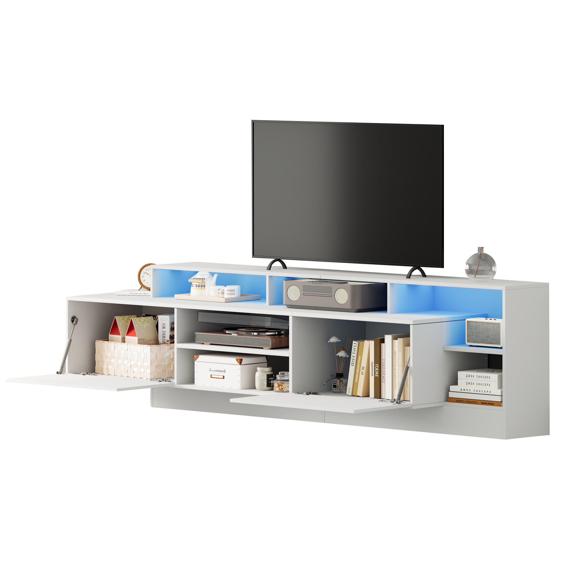 Redom TV stolek 190/40/48,5 cm s LED osvětlením, vysokým leskem a úložným prostorem, Bílá