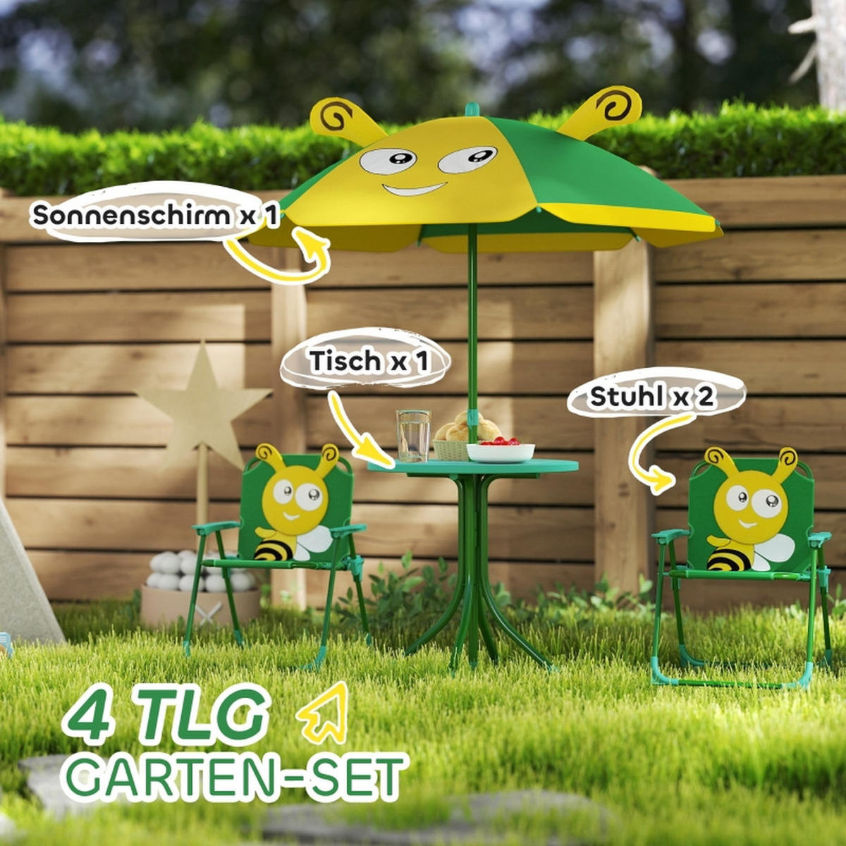 KINDER-GARTENMÖBEL4 tlg Kinder Gartenmöbel Bienen-Design 49,5x49,5x50cm Mit Sonnenschirm - Grün, Textil - Raelunyi