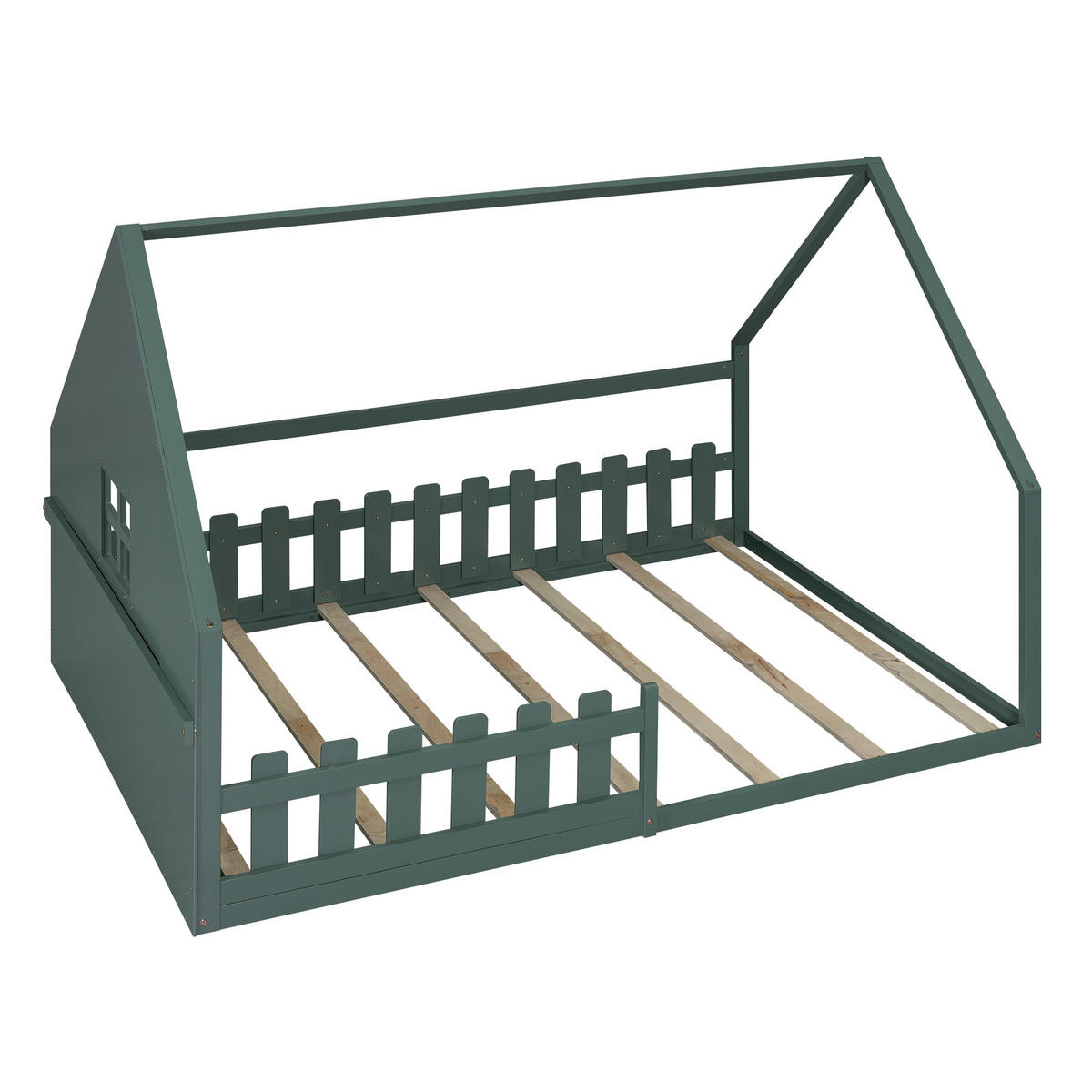 FLACHBETT 140/200 cm Kinderbett aus Kiefernholz in Grün mit Hausleiste - Grün, Holz (140/200cm) - OKWISH