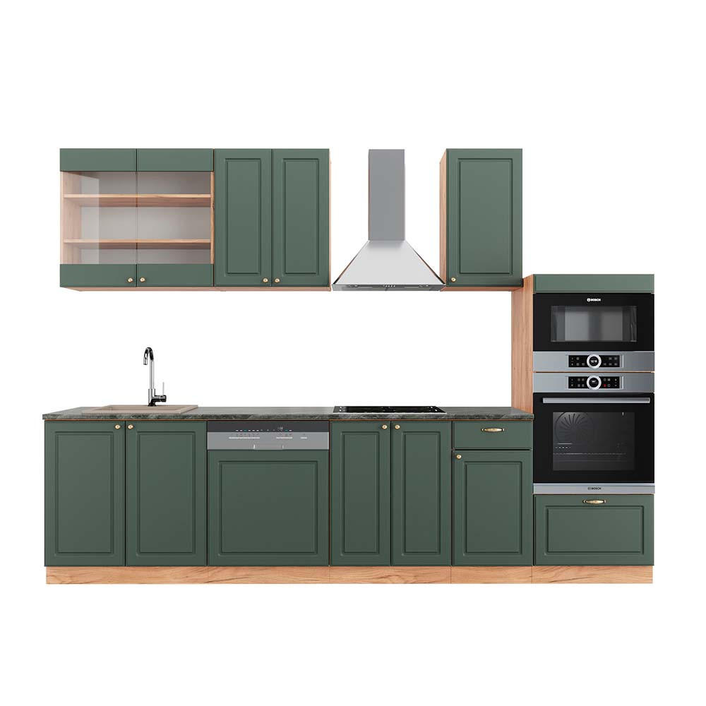 KÜCHENZEILE Fame-Line Grün-Gold Landhaus/Goldkraft Eiche 300 cm AP Anthrazit - Eiche Wotan/Grün, Holzwerkstoff (300/81.6/60cm) - Vicco