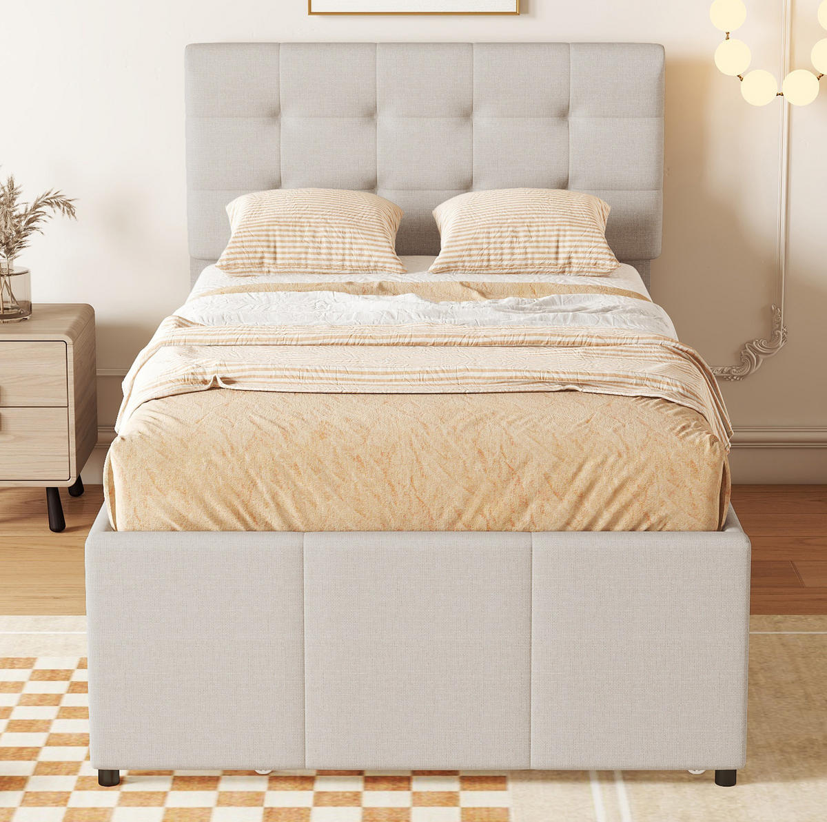 BETT mit Ausziehbett und 3 Schubladen 90x200 cm Leinen Beige - Beige, Holz (90/200cm) - Meubliv