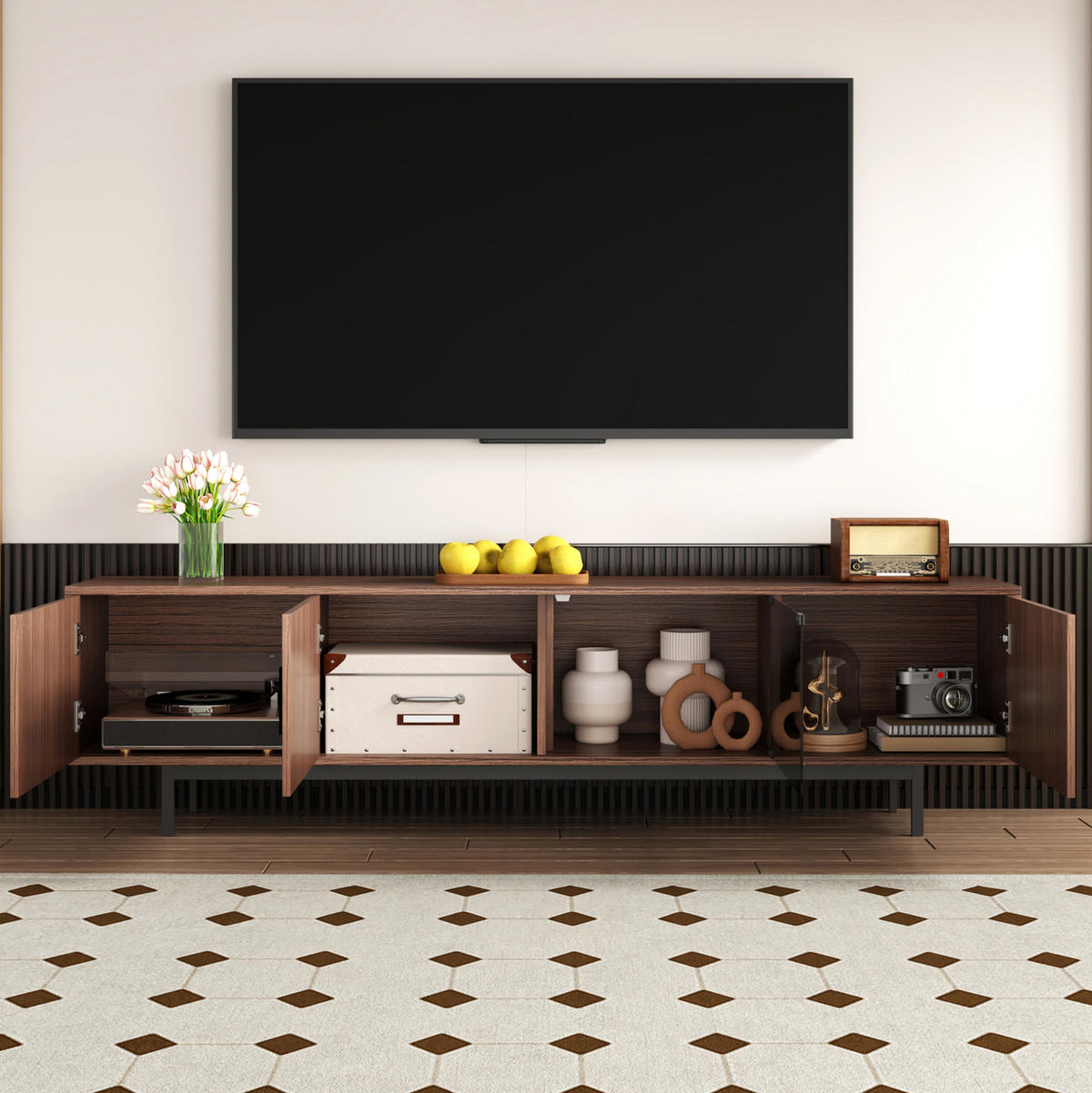 TV-LOWBOARD aus MDF und Spanplatte 200x35x53 cm Walnussbraun/Schwarz mit LED-Lichtleiste - Schwarz, Holzwerkstoff (200/53/35cm) - IVMEU