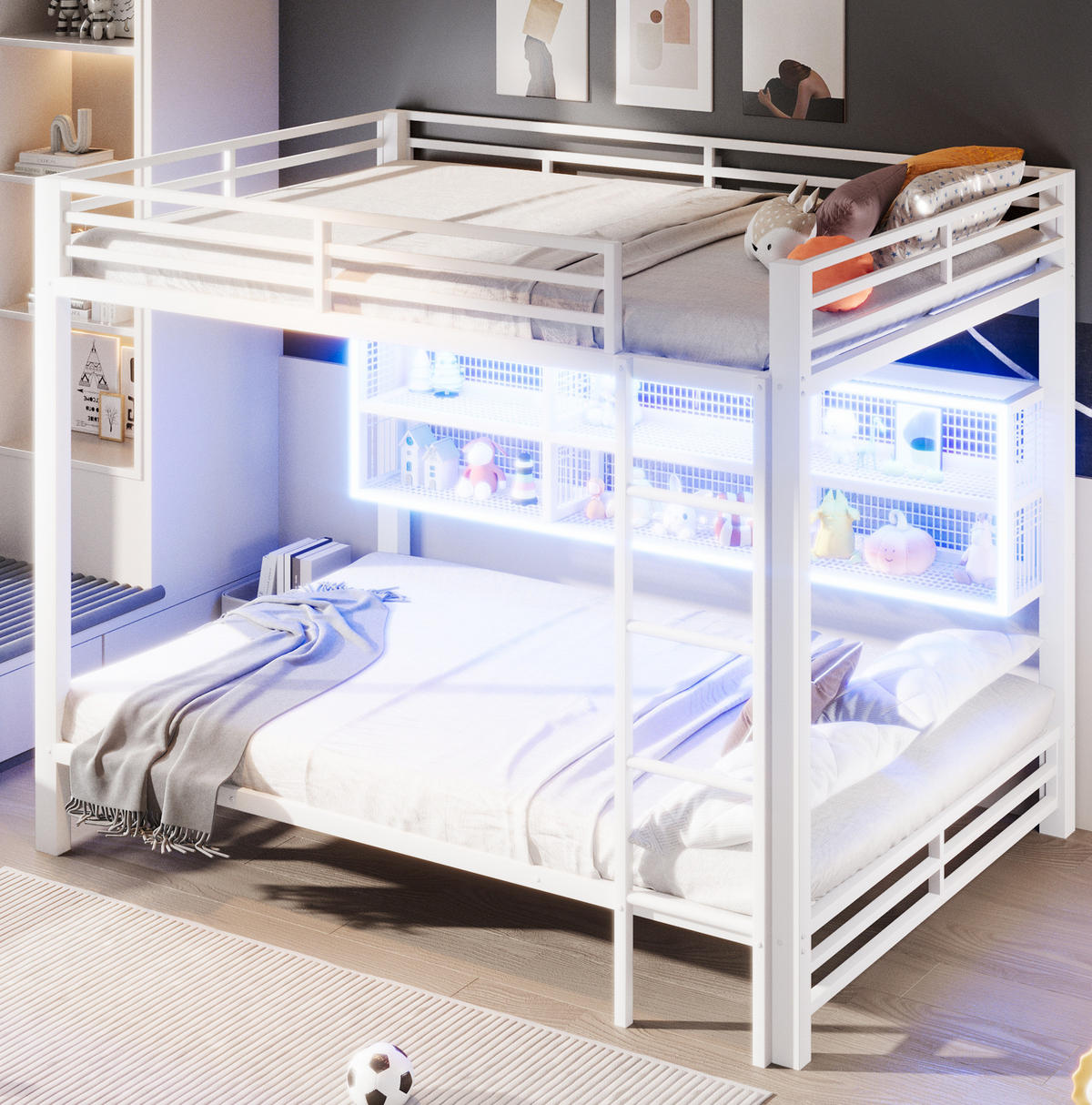 ETAGENBETT 140/200 cm weiß aus Metall mit 6 Stauraumschränken und LED - Weiß, Metall (140/200cm) - OKWISH