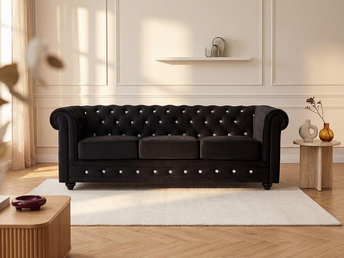 SOFA 3-Sitzer - Samt - Schwarz mit Knöpfen in Kristalloptik - CHESTERFIELD - Schwarz, Textil (205/72/88cm) - Vente-Unique