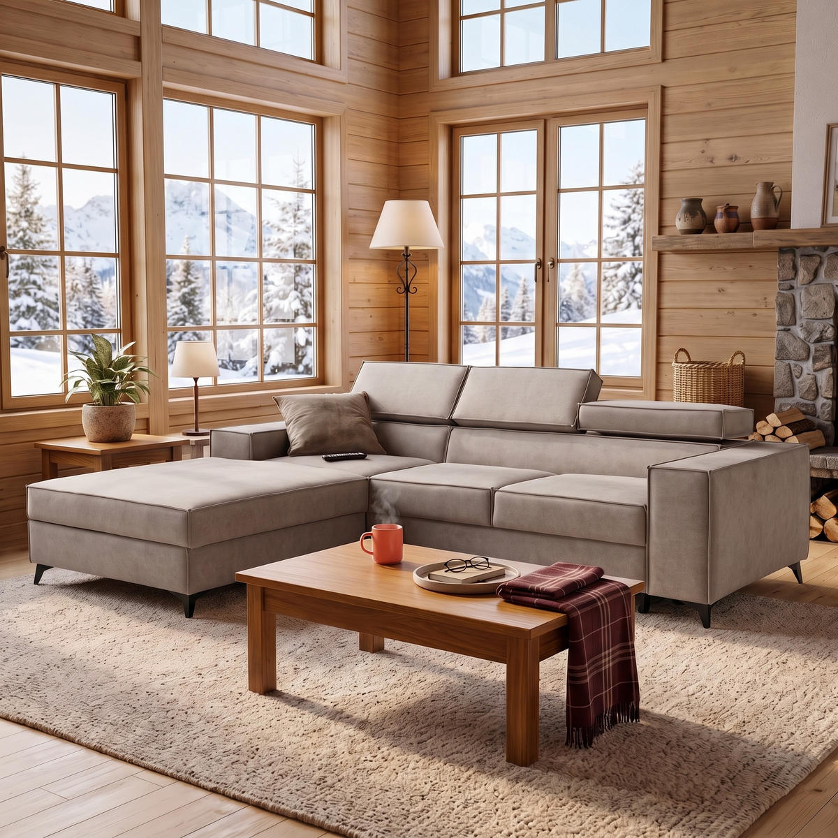ECKSOFA PURE S Links mit Schlaffunktion 127x215 Velours Creme - Creme/Schwarz, Holz/Textil (281/204cm) - Muffo