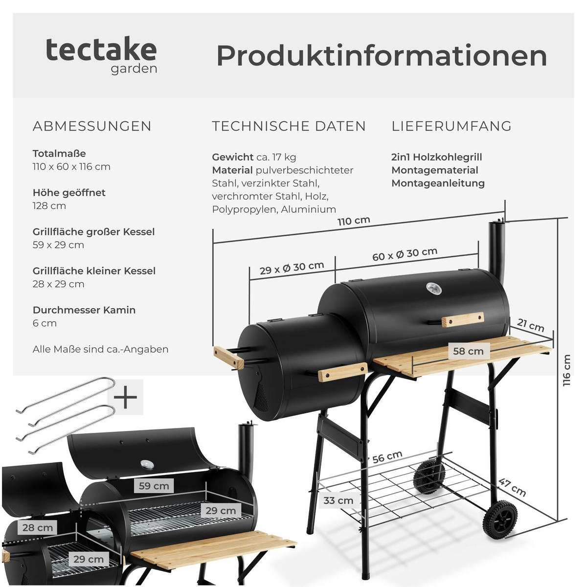 HOLZKOHLEGRILL , 110 x 60 x 116 cm, schwarz - Schwarz, Textil (60/116/110cm) - tectake