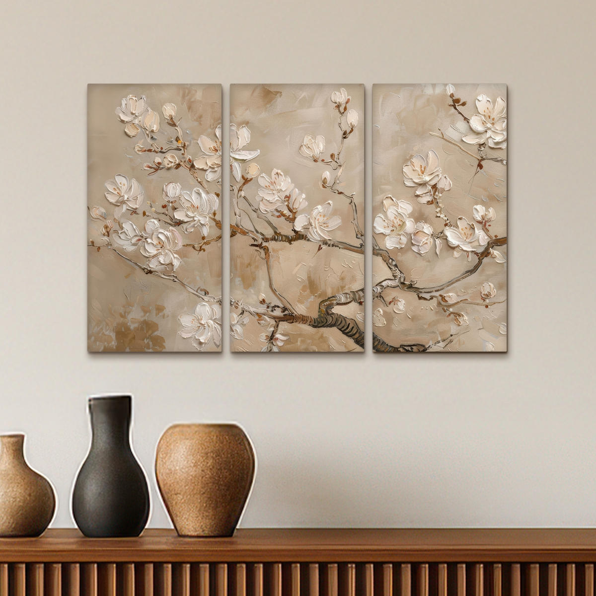 LEINWANDBILD 3er Set Beige - Blüte - Modern 60x40 cm - Greige, Textil (60/40cm) - MuchoWow
