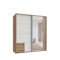 SCHWEBETÜRENSCHRANK 2-türig B183/H200/T65 cm, Passepartout-Kleiderschrank mit Spiegel & sichtbaren Schubkästen in Eiche Dekor, 1x Tür in Weiß / 22712 - Eichefarben/Alufarben, Holz/Holzwerkstoff (183/200/65cm) - luma-home