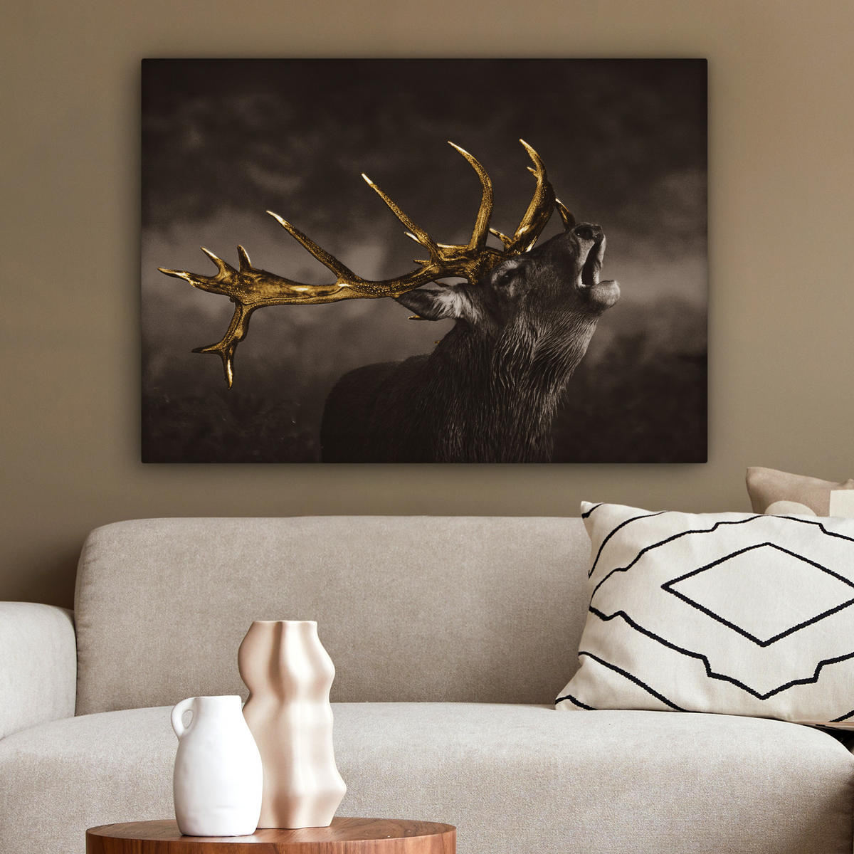 LEINWANDBILD Rotwild - Schwarz - Gold Wandbilder 80x60 cm - Braun, Textil (80/60cm) - MuchoWow