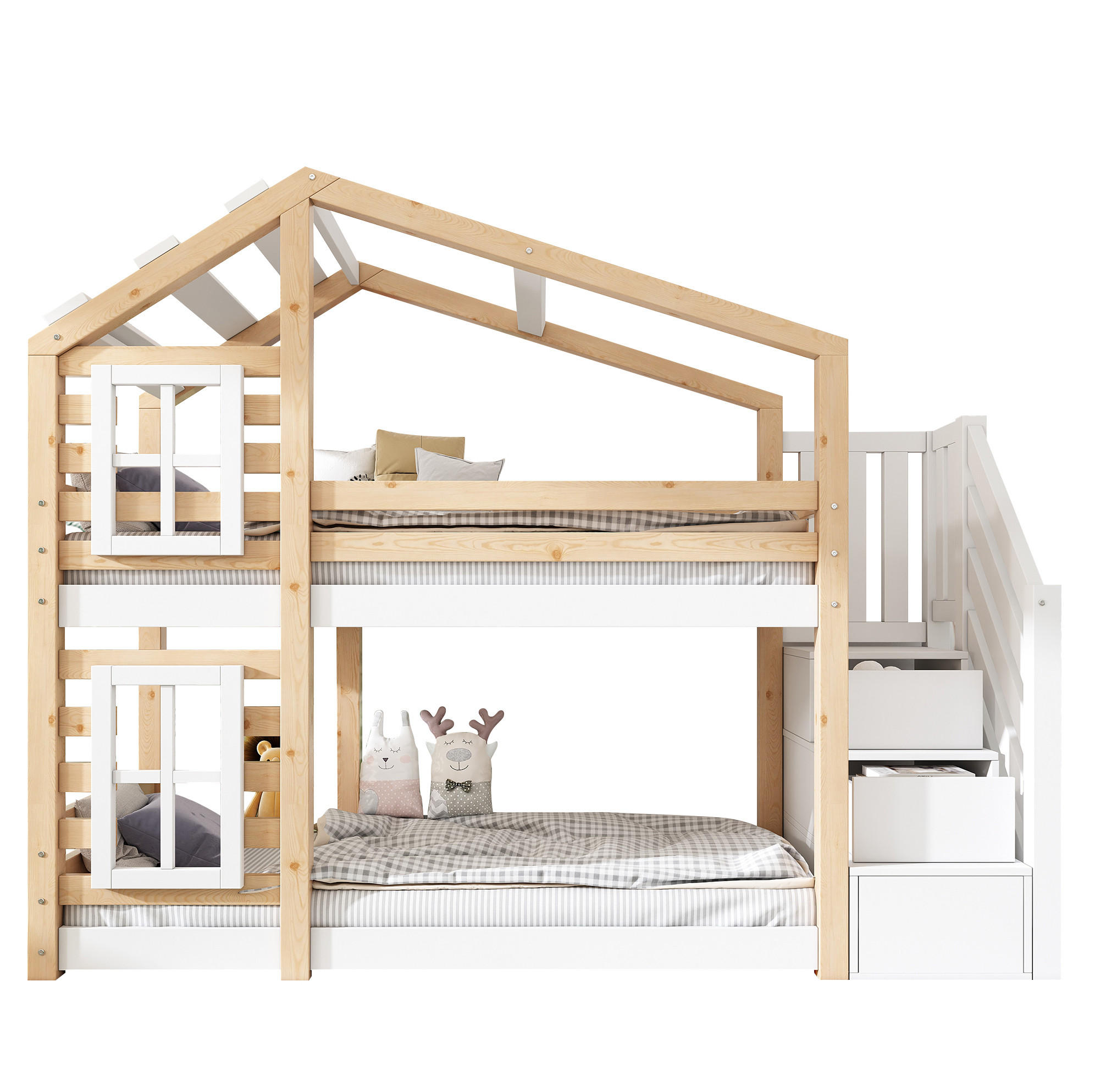OKWISH PATROVÁ postel 90/200 cm přírodní/bílá z masivního dřeva a MDF s úložnými schody
