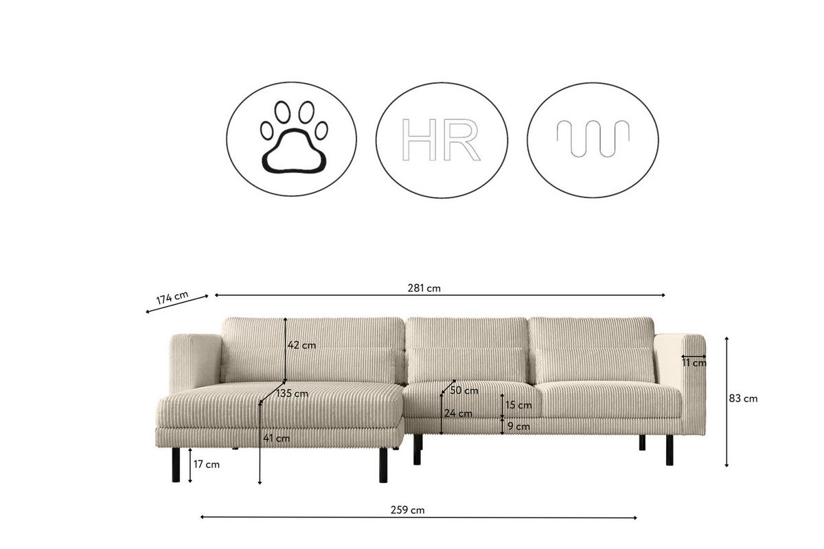 ECKSOFA L-form Dani Stoff Poso Beige Links - Beige, Holz (281/174cm) - Kaiser Möbel