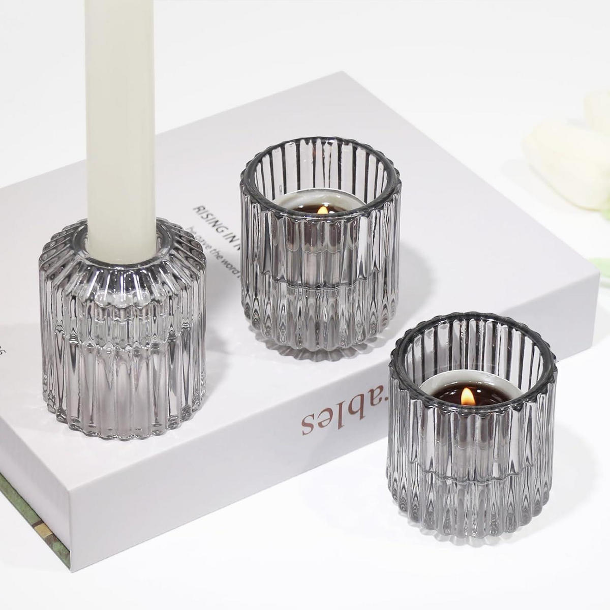 KERZENHALTER 3-teiliges Set Glas Grau - Grau, Glas (5/5/6cm)