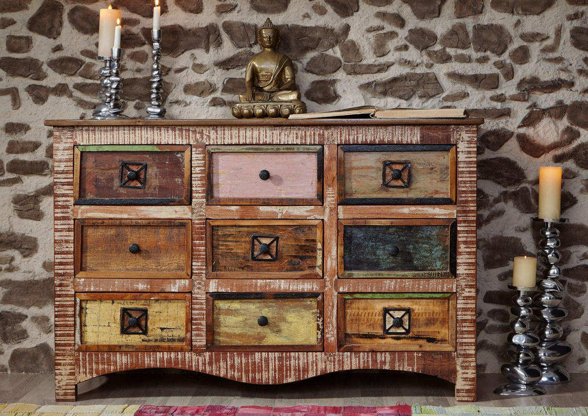 KOMMODE Altholz 130x40x85 mehrfarbig lackiert NATURE OF SPIRIT #59 - Multicolor, Holz (130/85/40cm) - Massivmoebel24