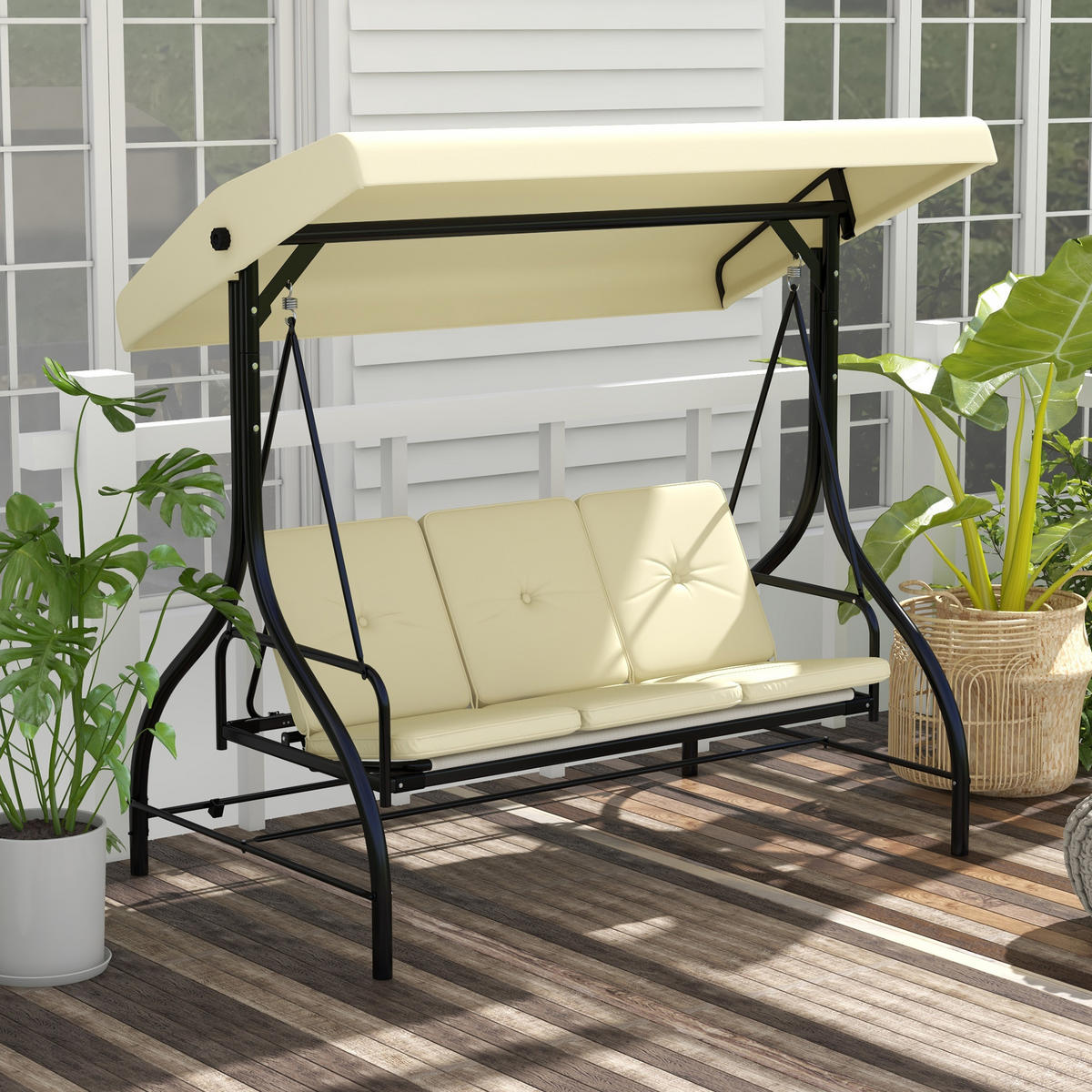 HOLLYWOODSCHAUKEL 3-Sitzer, 2 in 1 mi Liegefunktion - Beige, Metall (117/175/195cm) - Outsunny