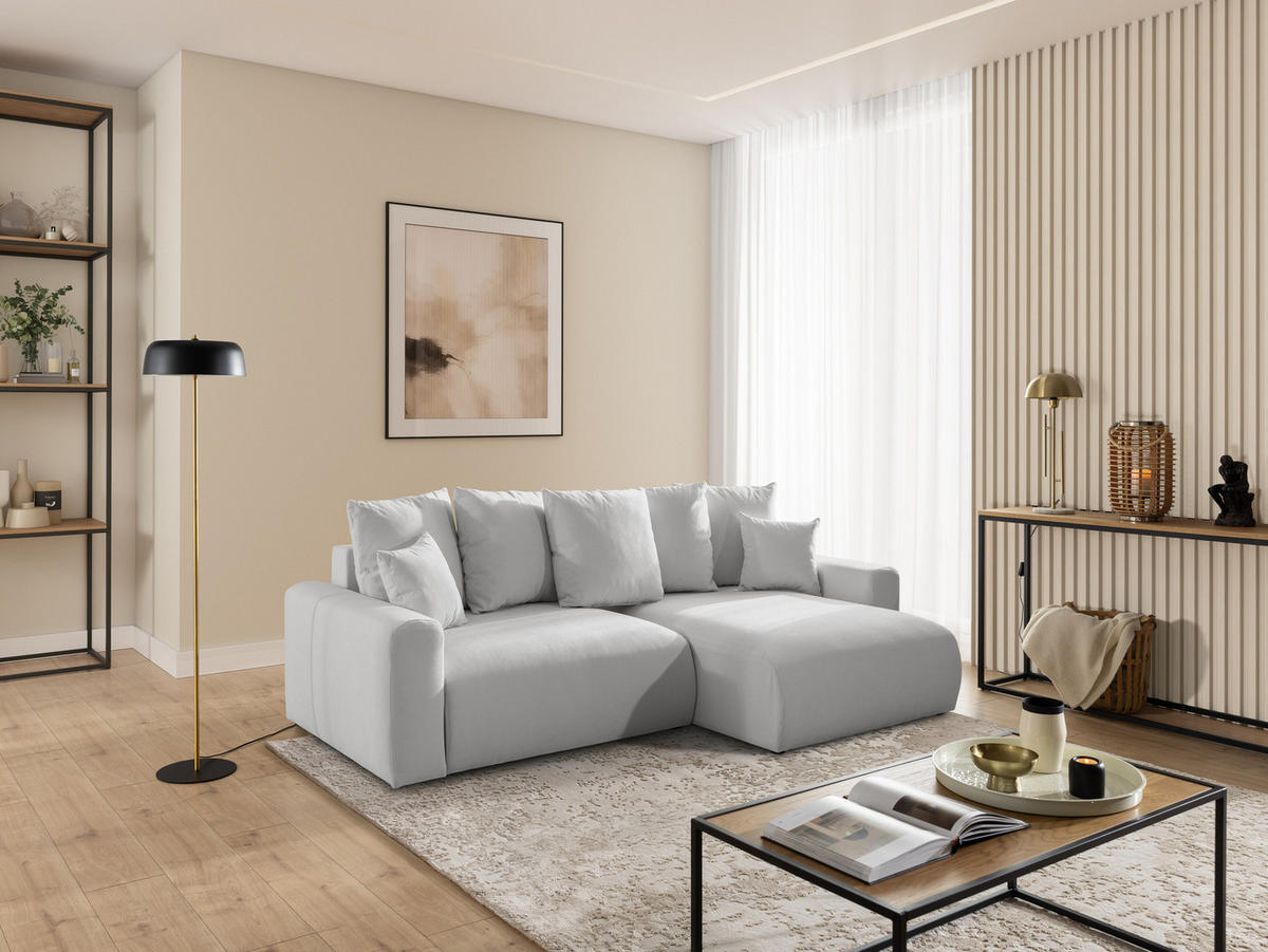 ECKSOFA Calma mit Schlaffunktion und Bettkasten im Bumpy-Design aus weichem Grau Webstoff - Ottomane rechts - Schwarz/Grau, Holz/Kunststoff (140/239cm) - S-Style