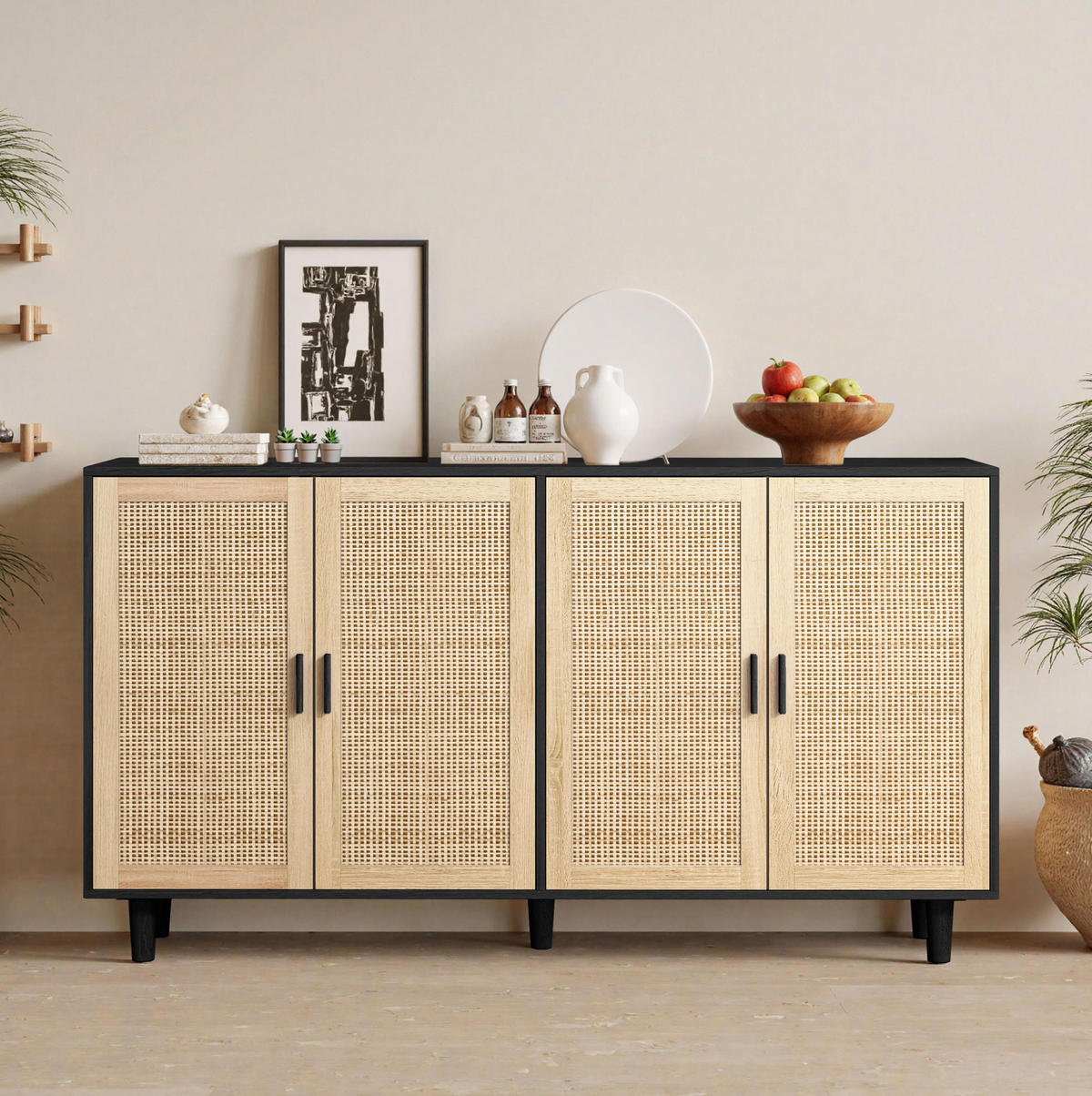 SIDEBOARD 158/40/88 cm mit 4 Rattantüren in Schwarz & viel Stauraum - Schwarz, Holzwerkstoff (158/88/40cm) - BEAOK