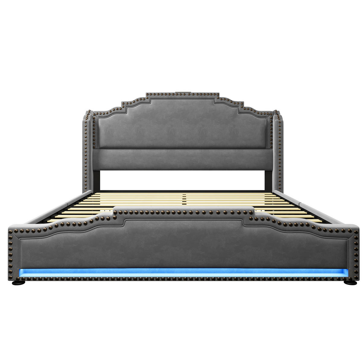 POLSTERBETT 140/200 cm mit 4 Schubladen, LED-Beleuchtung, USB- und Type-C-Anschluss, Samt, Grau - Grau, Textil (140/200cm) - Redom