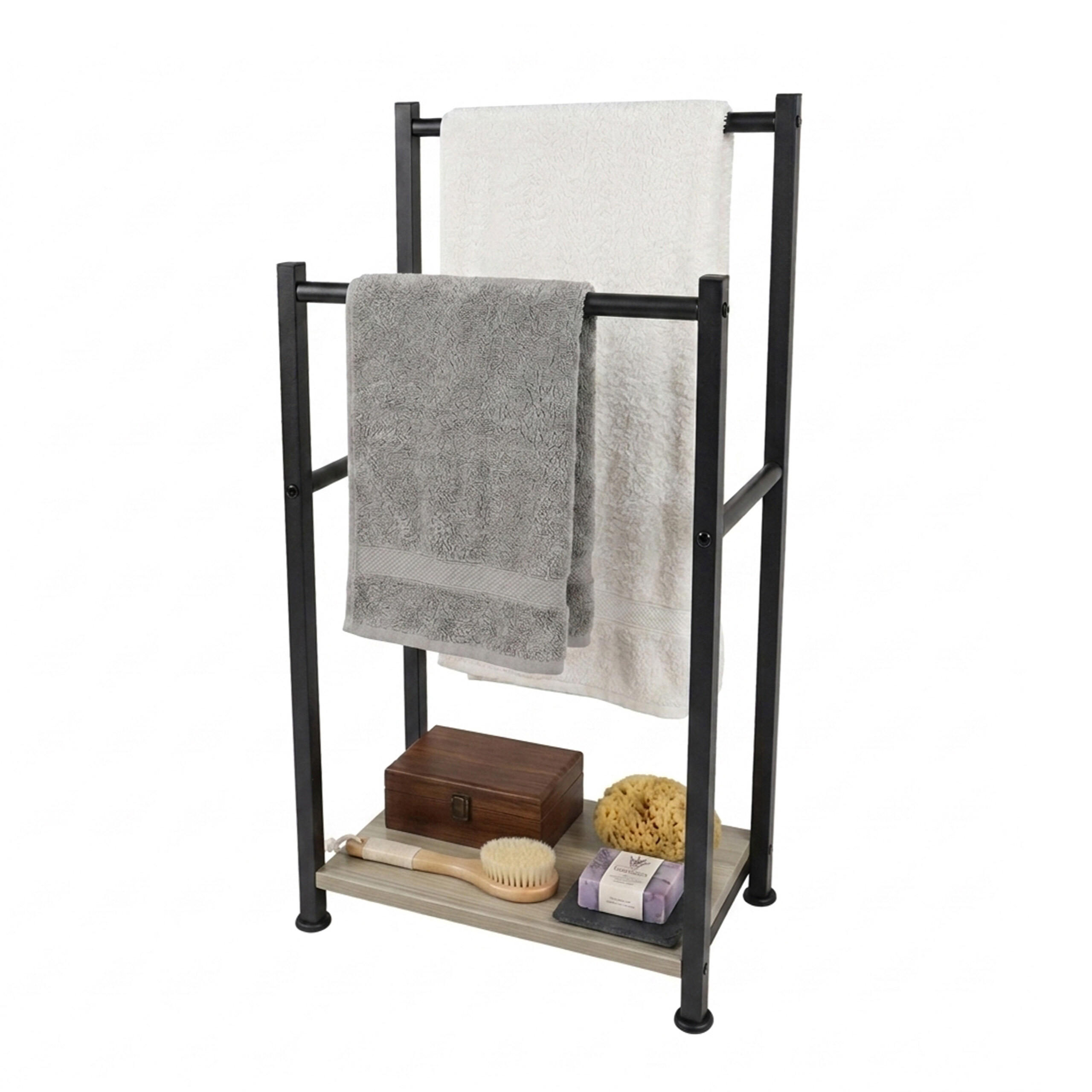 HANDDUKSSTÄLL svart-grå trälook med hylla 80 cm Svart, Ljusbrun 80/42/24 cm