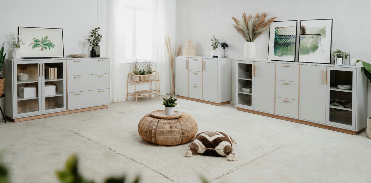 SIDEBOARD grau, Hickory Walnuss 163 cm, Kommode mit Glastüren - Walnussfarben/Grau, Glas/Holzwerkstoff (162.5/94/40cm) - Furn.Design