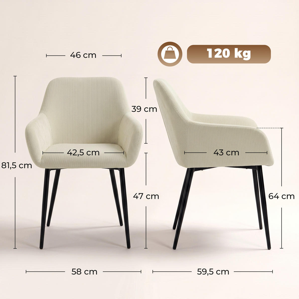 MATSALSSTOLAR, 2-set, manchester 100 polyester, krämvit - Cremefärgad/Svart, Textil/Metall (58/81.5/59.5cm) - HOMCOM