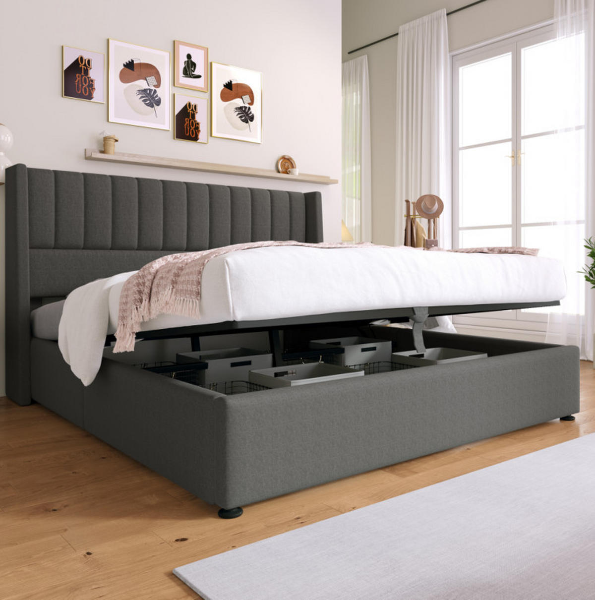 ČALÚNENÁ posteľ 180/200 cm sivá s úložným priestorom z ľanovej tkaniny - sivá, textil (180/200cm) - OKWISH