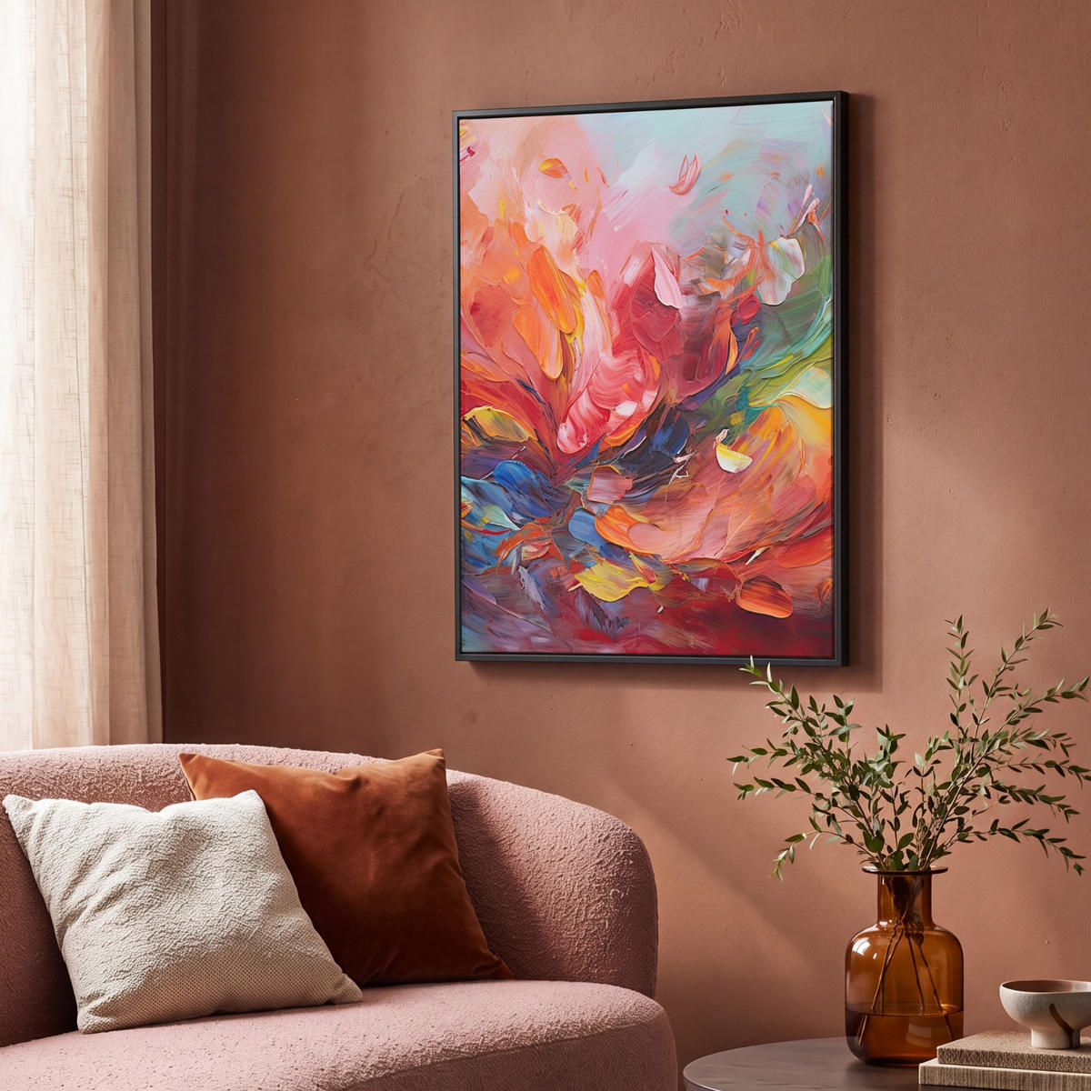 LEINWAND Bilder mit Rahmen - Ölgemälde - Kunst - Abstrakt - Farbenfroh - 70x100 - Altrosa, Textil (70/100cm) - MuchoWow