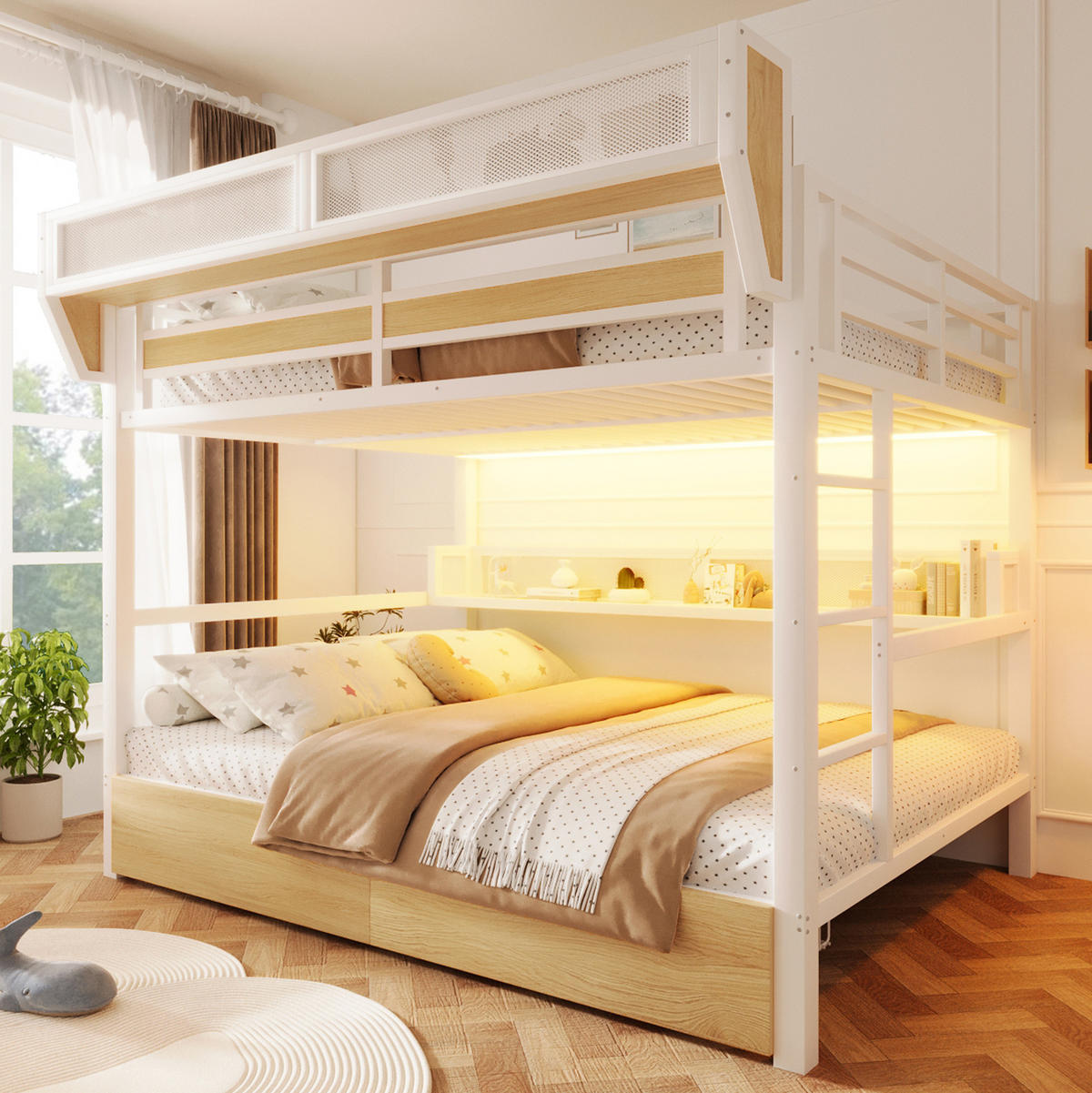 HOCHBETT aus Metall und MDF 140x200 cm Weiß mit Stauraum, Schubladen und LED-Beleuchtung - Weiß, Holzwerkstoff (140/200cm) - Modfu