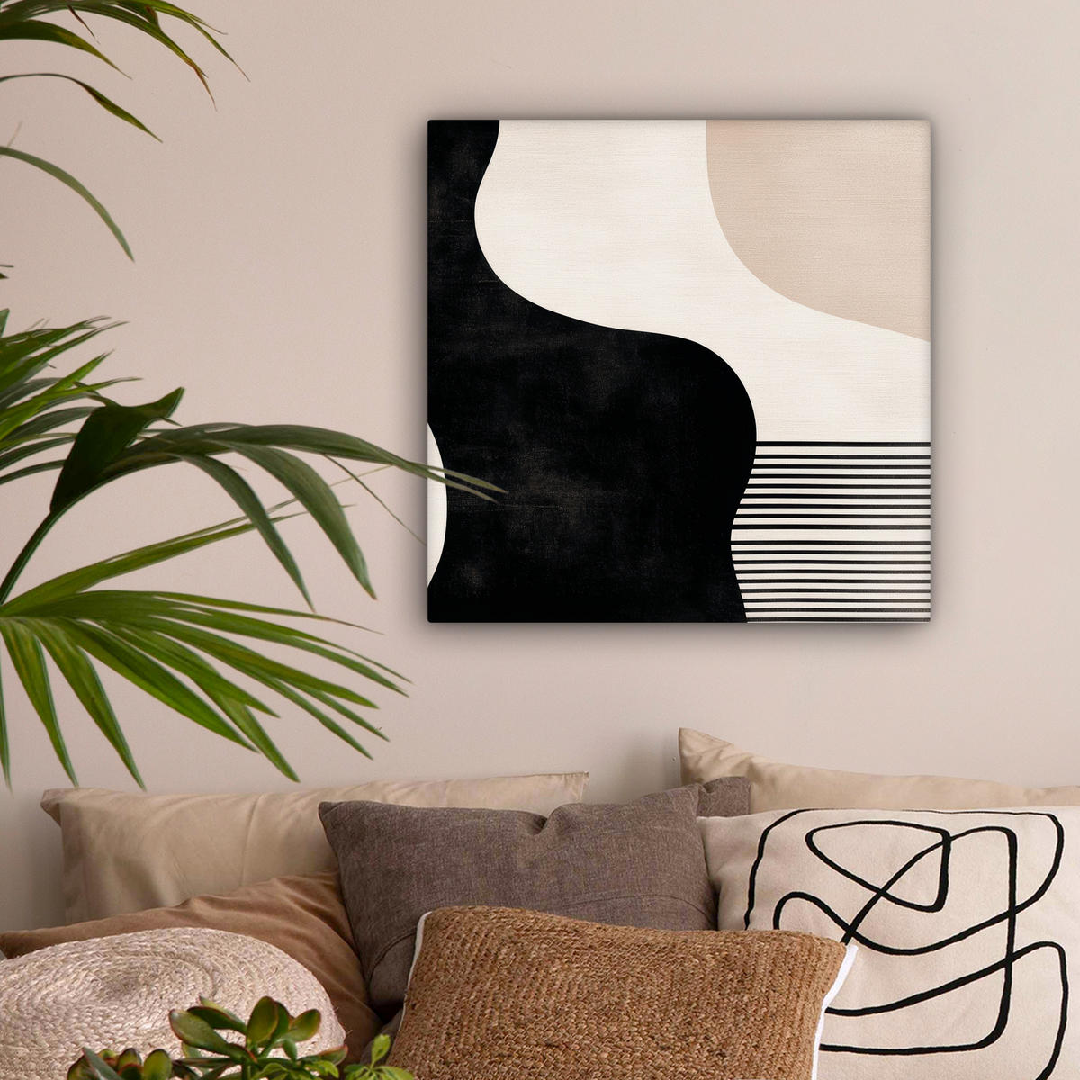 LEINWANDBILD Abstrakt - Japandi - Beige - Modern Wandbild Wohnzimmer 50x50 cm - Schwarz, Textil (50/50cm) - MuchoWow